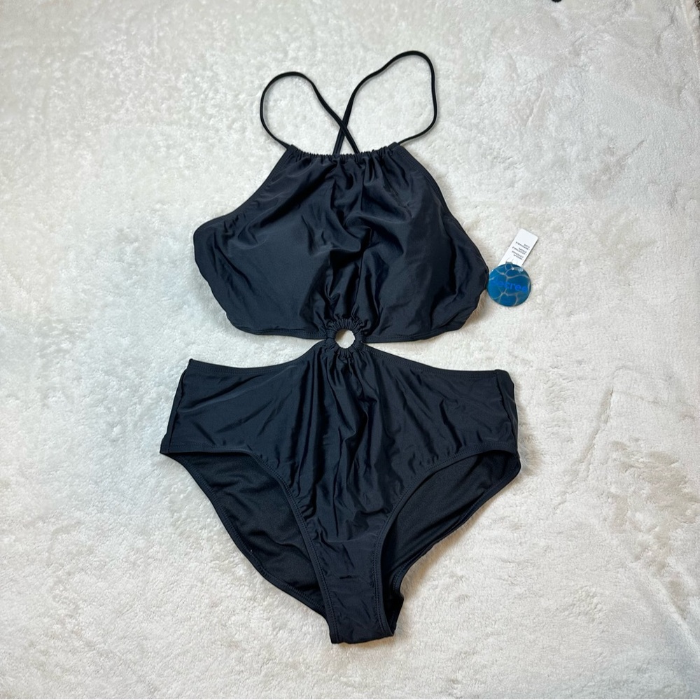 Decree Black Cutout Textured Ribbed One Piece Swimsuit Halter Neck Tie Open Back